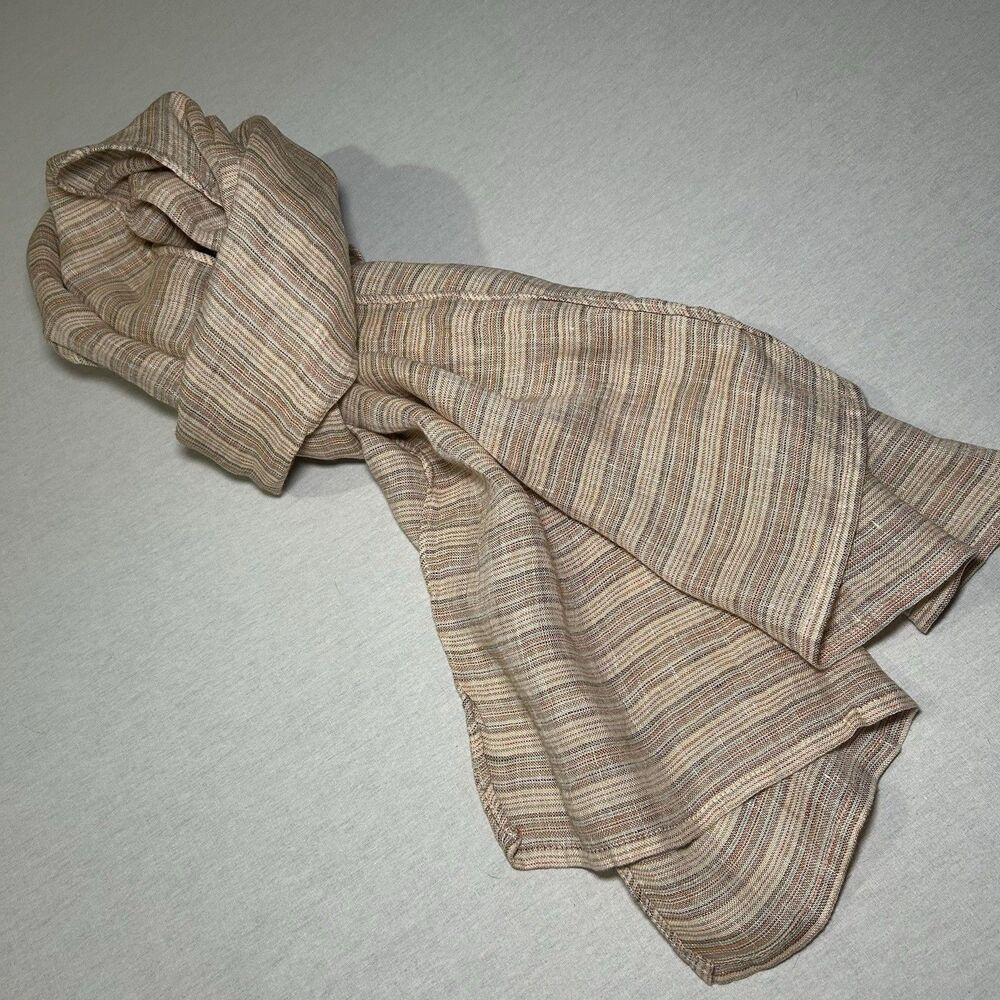 Beautiful Striped Linen Scarf in Tan with Multicolored Stripes